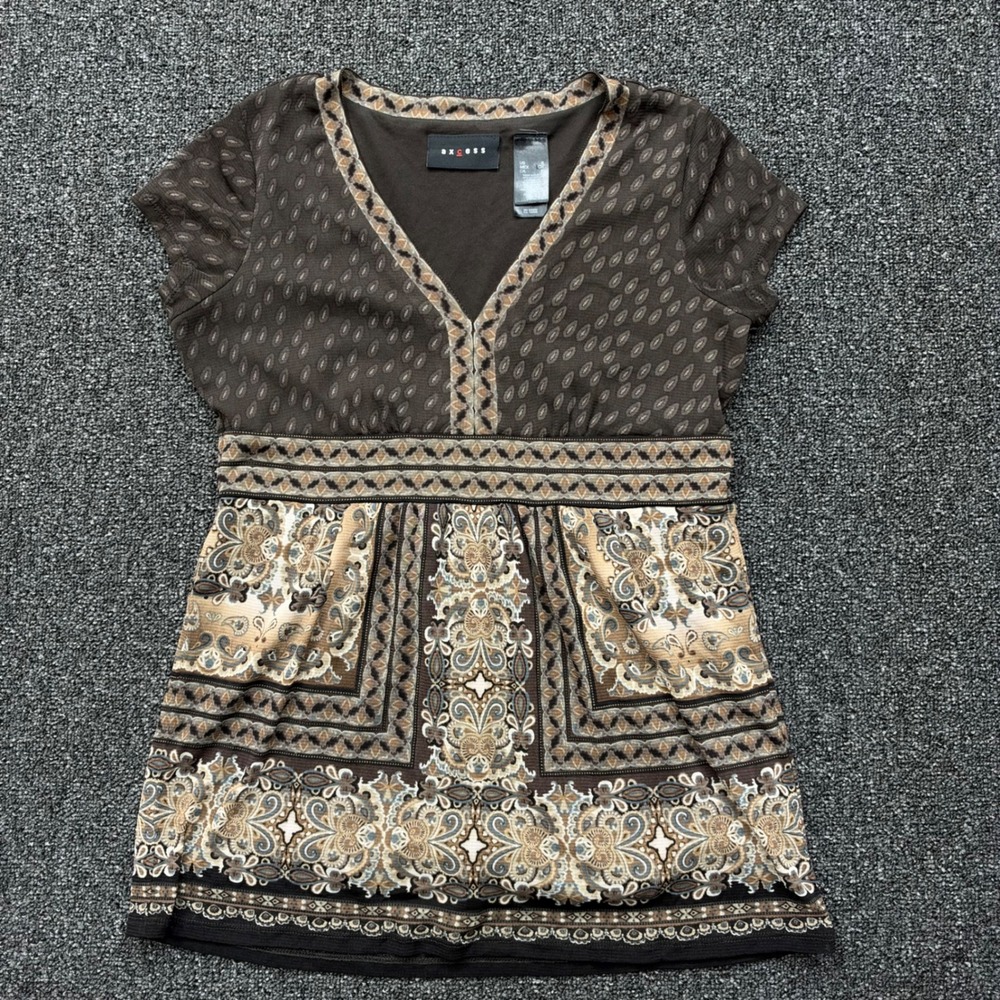 Axcess Paisley Empire Waist Mesh Top Women Small Brown y2k whimsigoth